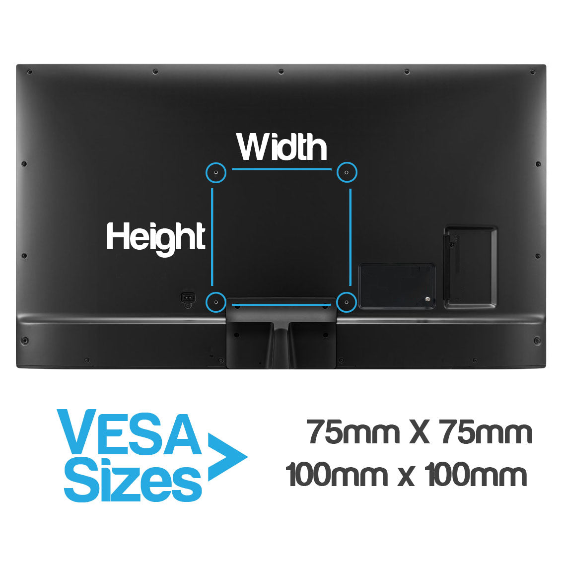 Back view of a black monitor or display device on a white background, with blue lines and white text indicating width and height measurements. Large blue text reads 'VESA Sizes' and black text lists 75mm x 75mm and 100mm x 100mm.