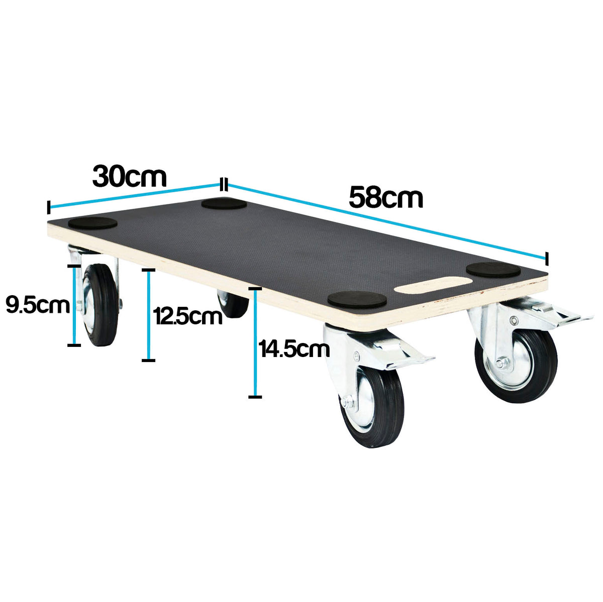 A wheeled dolly cart with a black rectangular platform and light wood sides, shown on a white background with blue dimension lines and labels indicating 30 cm, 58 cm, 9.5 cm, 12.