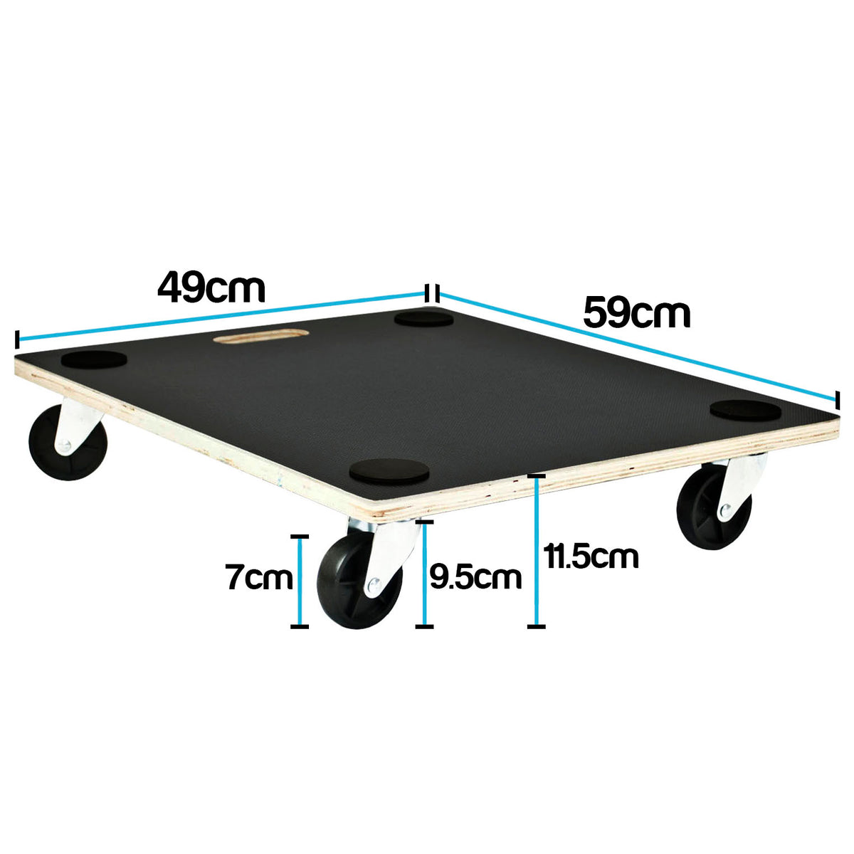 A black rectangular dolly with four caster wheels, shown on a white background with blue dimension lines and text indicating measurements of 49cm by 59cm, plus wheel heights of 7cm, 9.5cm, and 11.