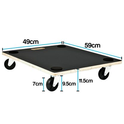 A black rectangular dolly with four caster wheels, shown on a white background with blue dimension lines and text indicating measurements of 49cm by 59cm, plus wheel heights of 7cm, 9.5cm, and 11.