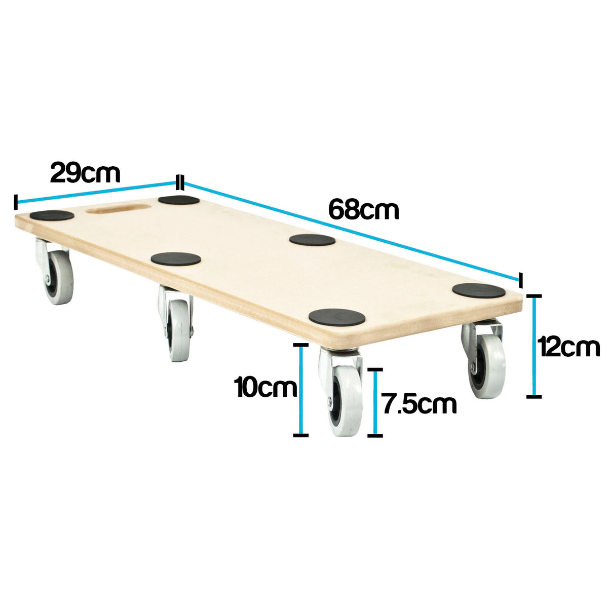 A light wood rolling platform with four caster wheels, shown with blue dimension lines and labels indicating measurements of 29cm, 68cm, 10cm, 7.5cm, 12cm, and 10cm on a white background.