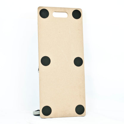 A rectangular light brown wood panel with six black circular pads and a cutout at the top, shown upright on a white background.