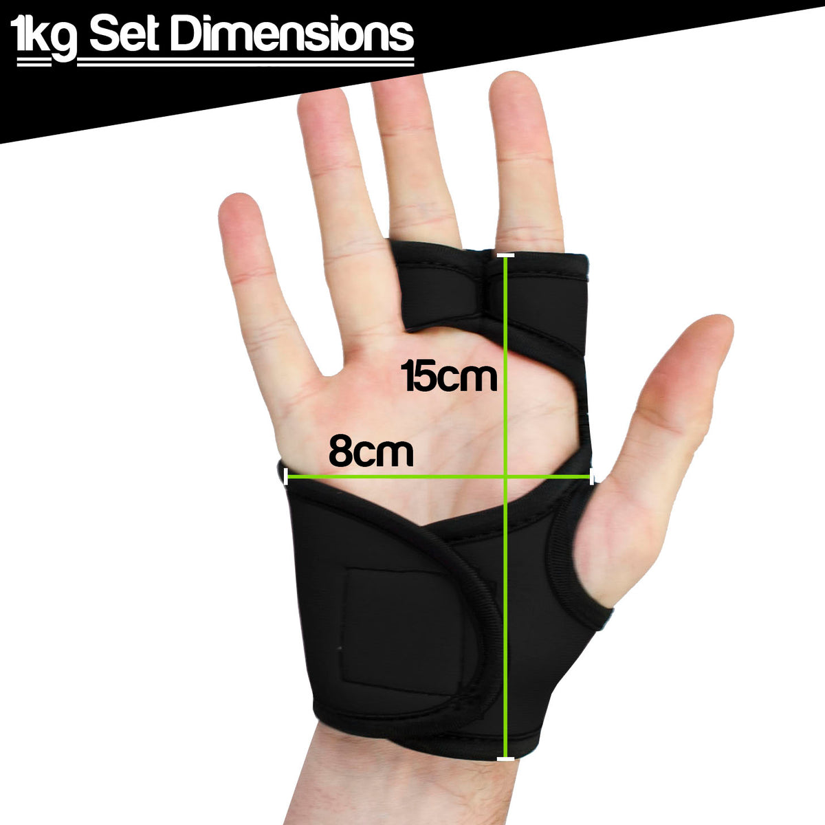 A black fingerless fingerless hand grip/weightlifting shown on a hand, with overlaid dimension lines and text reading 15cm and 8cm, plus a banner at the top that says 1kg Set Dimensions.