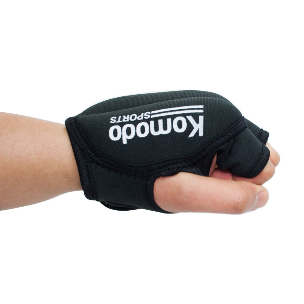 A black neoprene fingerless hand grip/weightlifting glove worn on a person's hand, featuring the white 'Komodo Sports' logo printed on the back, set against a plain white background.