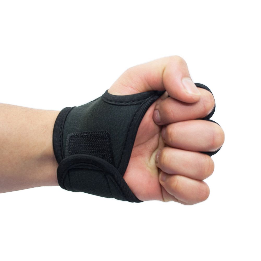 Hand wearing a black fingerless glove on a white background