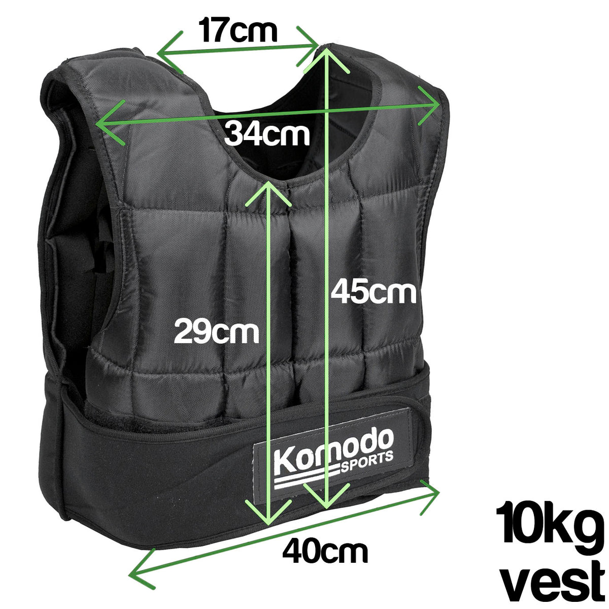 Black Komodo Sports 10kg weight vest with green dimension arrows and text labels showing measurements of 17cm, 34cm, 29cm, 45cm, and 40cm on a white background.