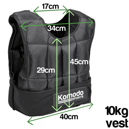 Black Komodo Sports 10kg weight vest with green dimension arrows and text labels showing measurements of 17cm, 34cm, 29cm, 45cm, and 40cm on a white background.