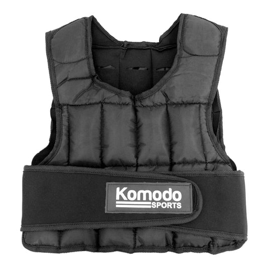 A black padded weight bench press vest with a wide black waist strap featuring a 'Komodo Sports' logo patch, shown against a plain white background.