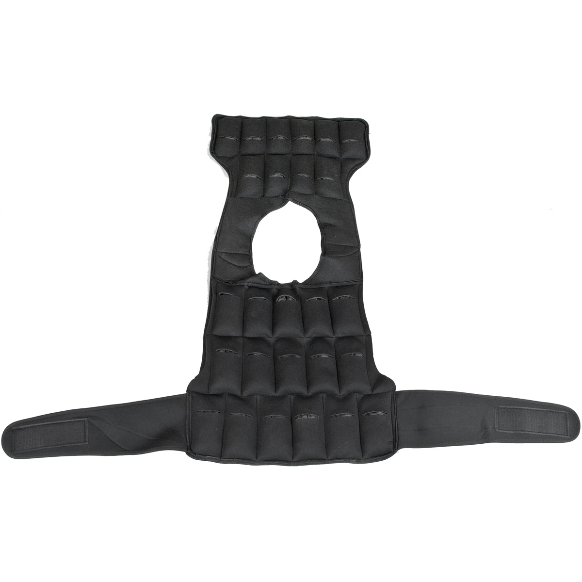 A black weighted vest with segmented sandbag pockets and a central cutout, shown flat against a white background.