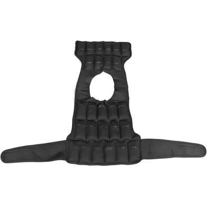A black weighted vest with segmented sandbag pockets and a central cutout, shown flat against a white background.