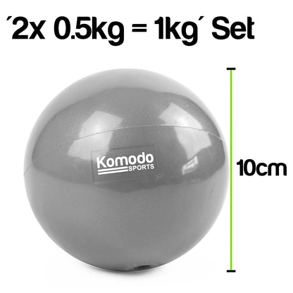 A grey Komodo Sports exercise ball on a white background with text reading '2x 0.5kg = 1kg Set' and a green vertical measurement marker labeled '10cm'.
