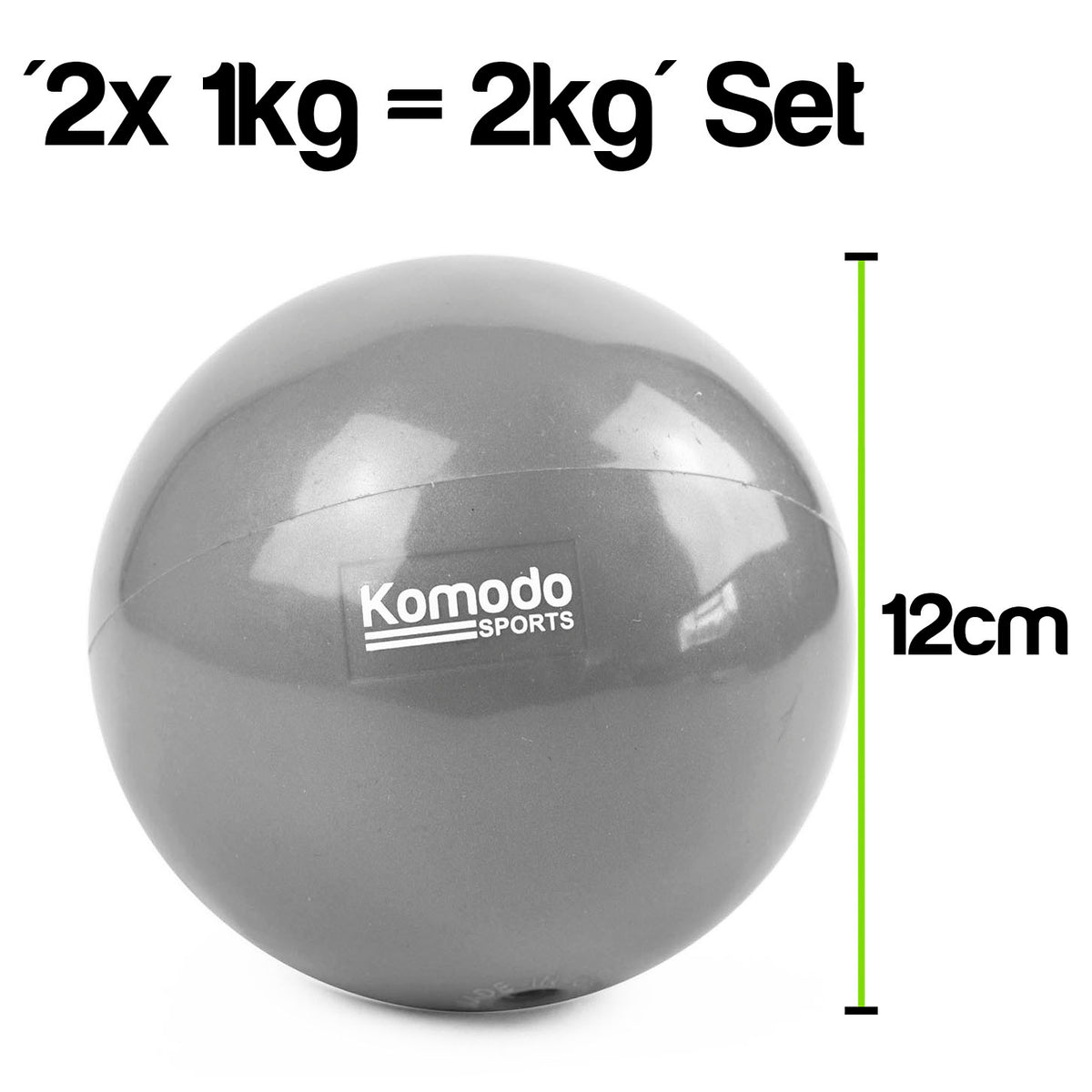 A gray Komodo Sports Weighted Toning Ball on a white background with text indicating a 2x1kg = 2kg set and a 12cm height measurement.