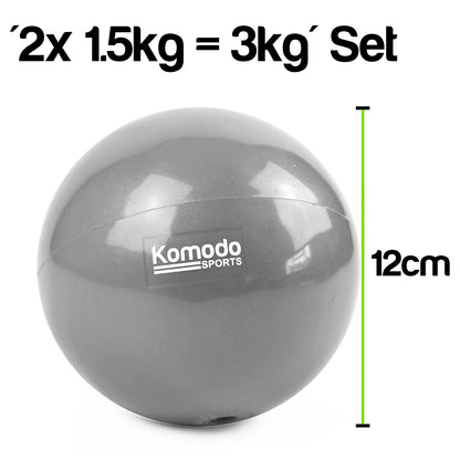 A grey Komodo Sports Weighted Toning Ball  on a white background with text reading '2x 1.5kg = 3kg' Set' and a green '12cm' height marker.