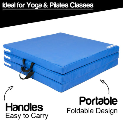 Blue foldable exercise mat with black carry handles, shown on a white background with promotional text reading 'Ideal for Yoga & Pilates Classes,' 'Handles Easy to Carry,' and 'Portable Foldable Design.'.