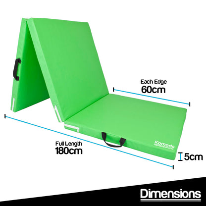 Green folding yoga mat shown open with overlaid dimension labels: full length 180cm, each edge 60cm, and height 5cm, on a white background with a black 'Dimensions' banner at the bottom.