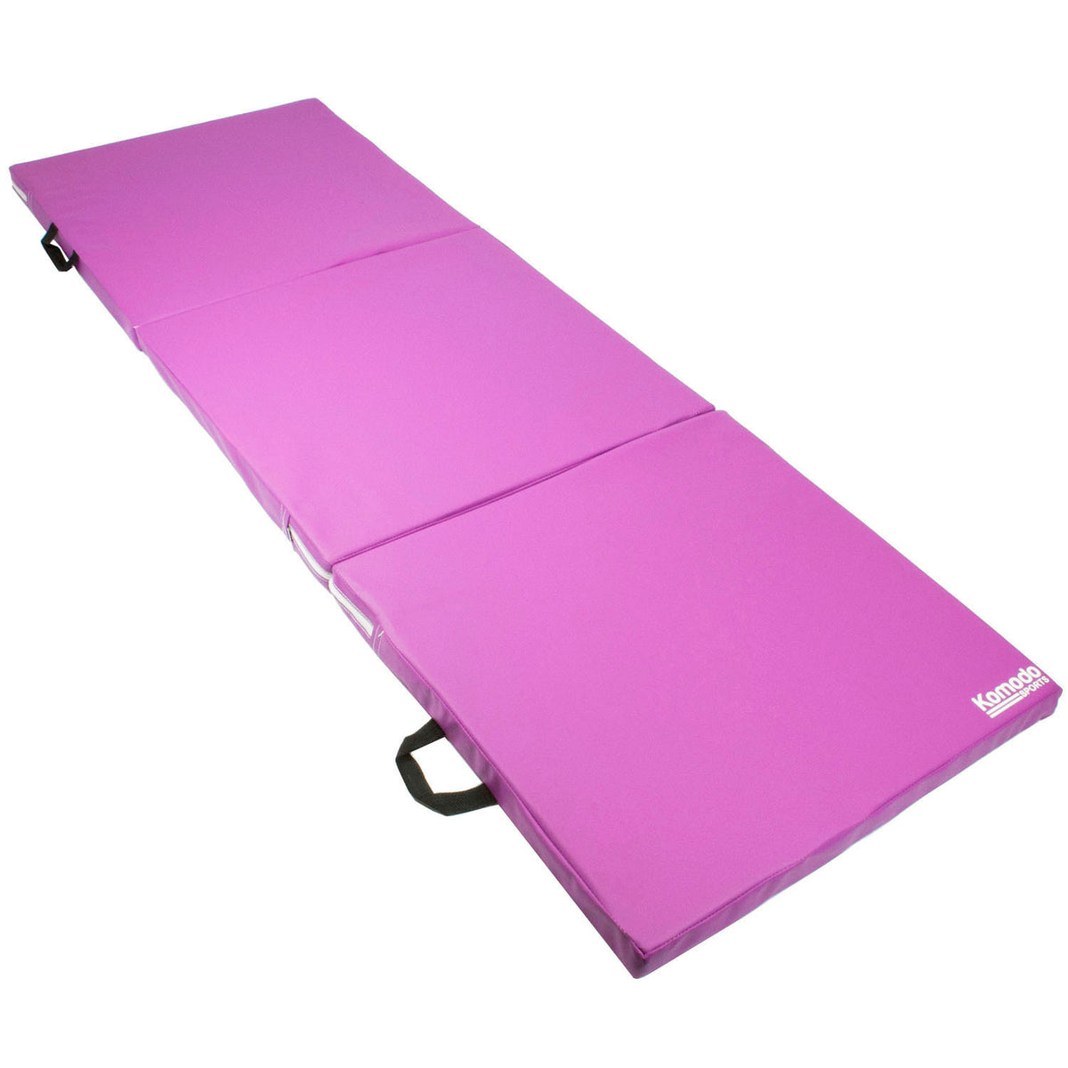 A pink foldable yoga mat shown on a plain white background, with black carrying handles visible at the corners and a small white logo in the bottom-right corner.