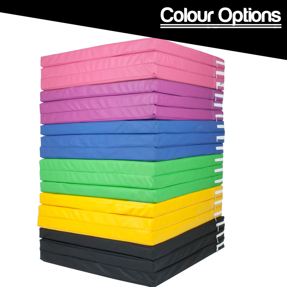 A stack of padded exercise mats in multiple color options, including pink, purple, blue, green, yellow, and black, shown on a white background with a black banner reading 'Colour Options' at the top.