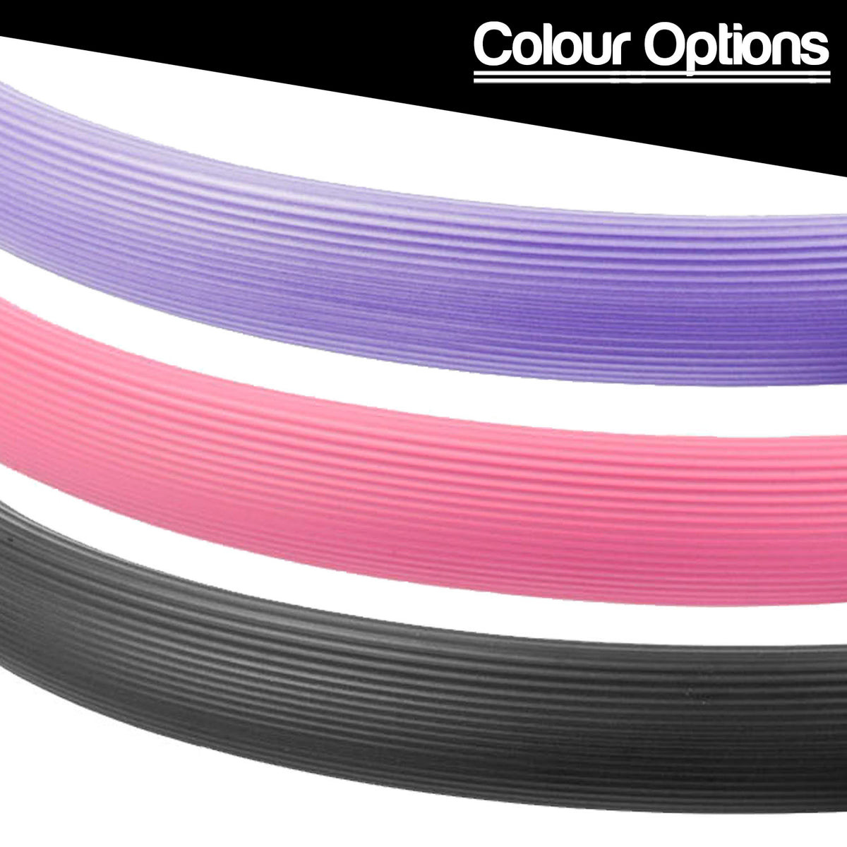 Three ribbed resistance rings in purple, pink, and black are shown curved on a white background with a black banner at the top reading 'Colour Options'.