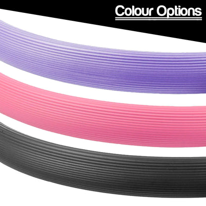 Three ribbed resistance rings in purple, pink, and black are shown curved on a white background with a black banner at the top reading 'Colour Options'.