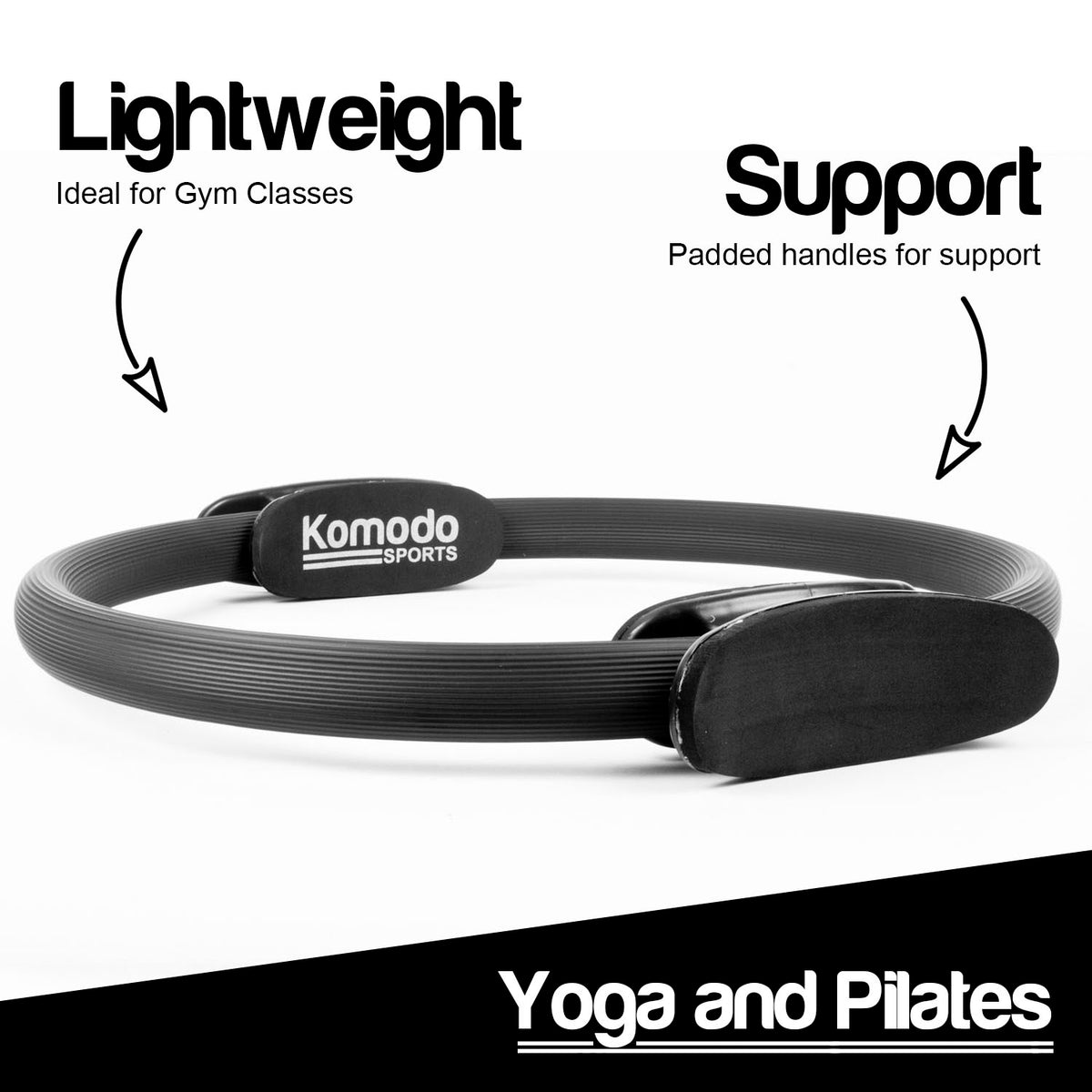 Black Komodo Sports resistance ring shown on a white background with promotional text reading 'Lightweight', 'Support', and 'Yoga and Pilates'.