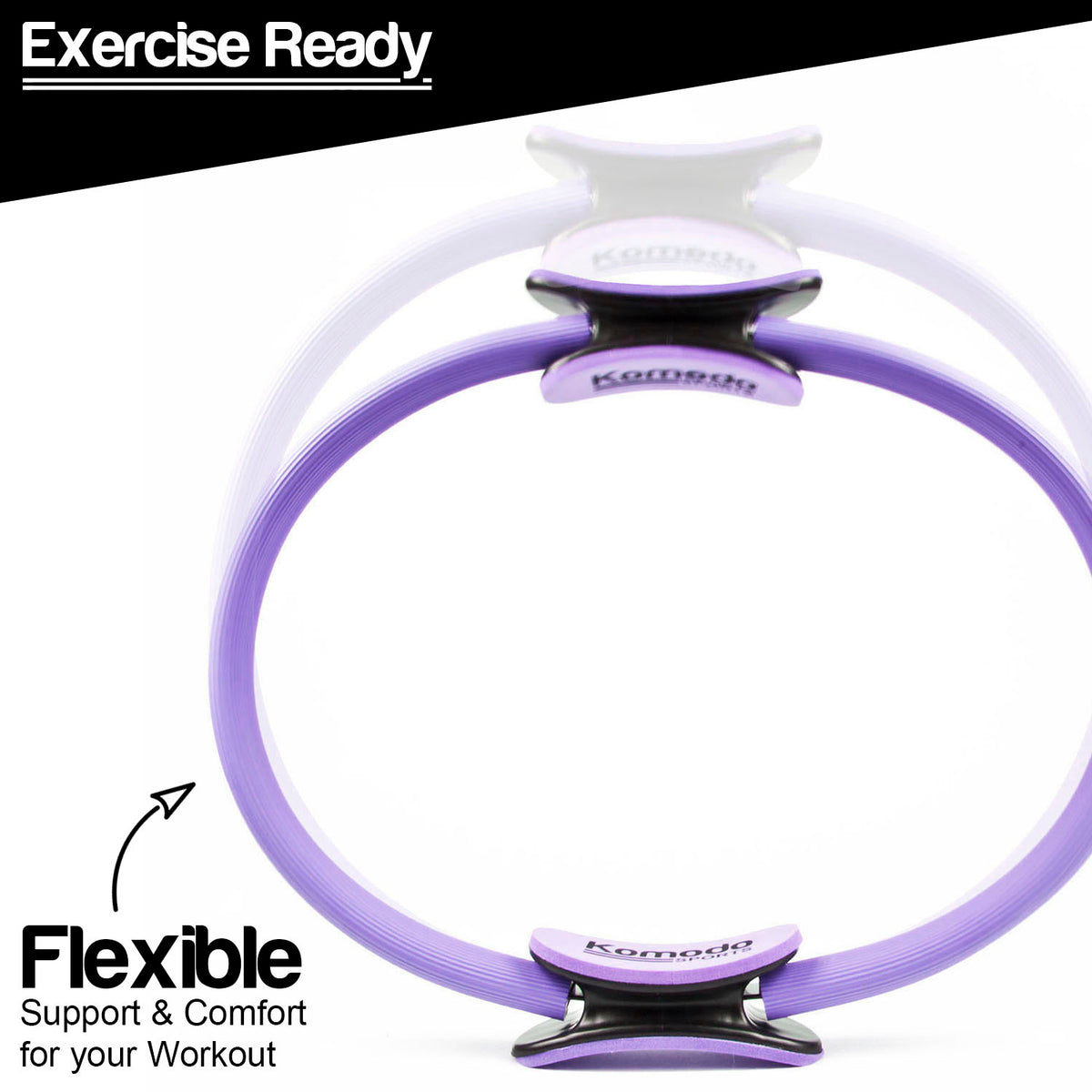 A purple Komodo exercise ring shown on a white background with promotional text reading 'Exercise Ready' and 'Flexible Support & Comfort for your Workout'.