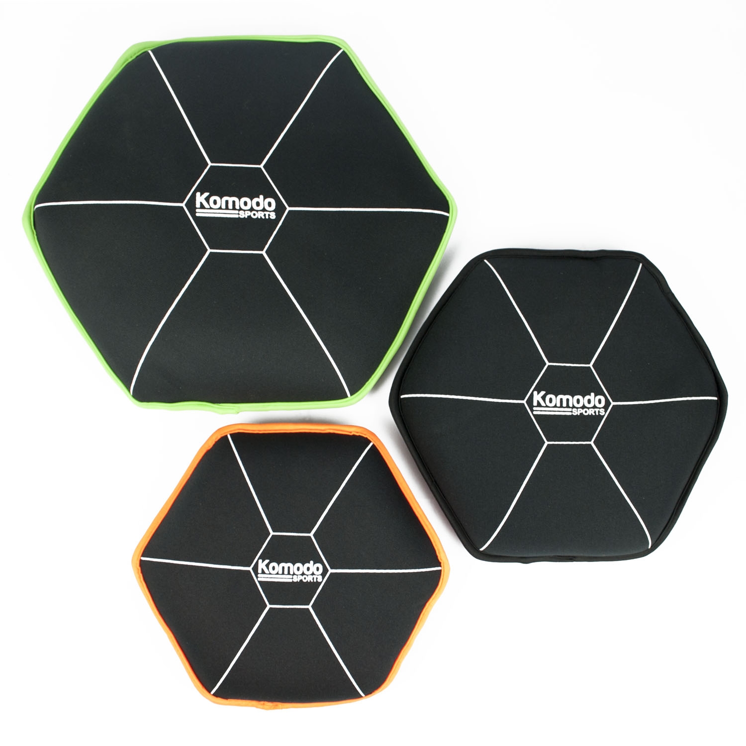Set of three neoprene exercise weight plates in 2kg, 3kg, and 5kg with coloured rims for easy identification