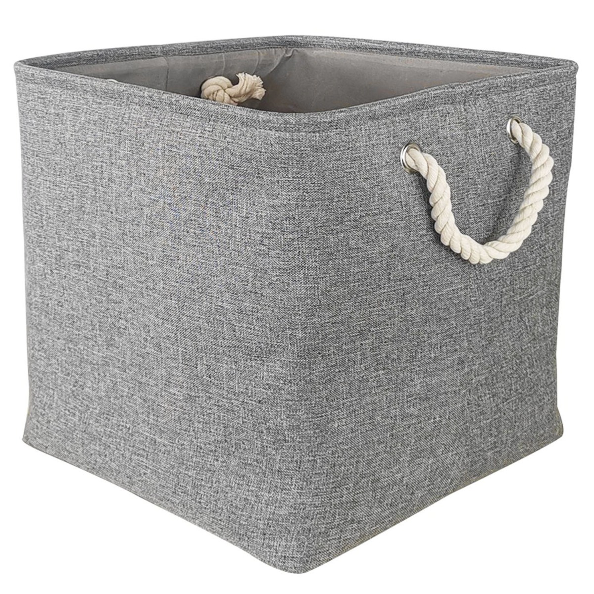 Pack of 3 grey fabric storage cubes with rope handles stacked, showing sturdy metal frame and collapsible design
