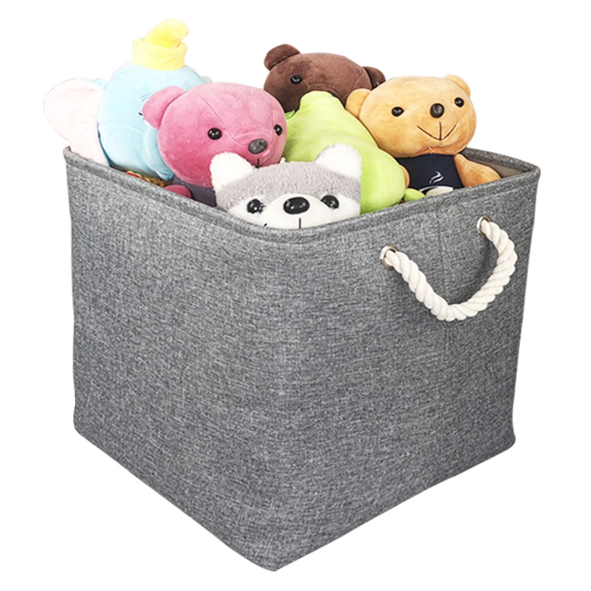 Three grey foldable storage boxes with rope handles stacked, showing fabric texture and sturdy metal frame structure