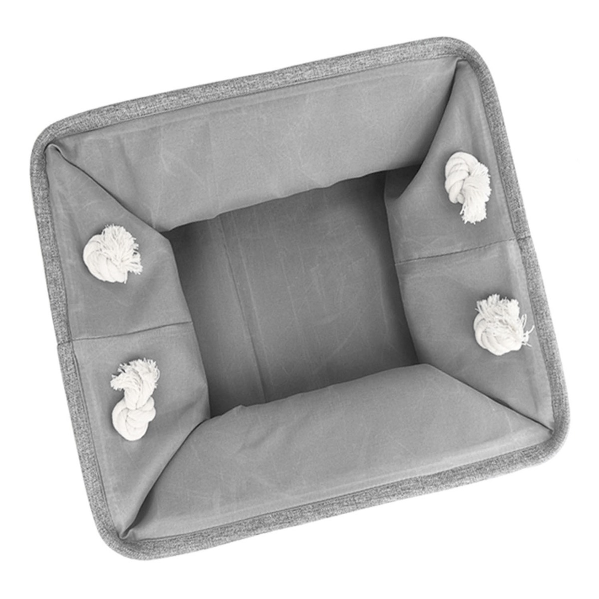 Three grey fabric storage cubes with metal frames and strong rope handle storage stacked neatly on a white background