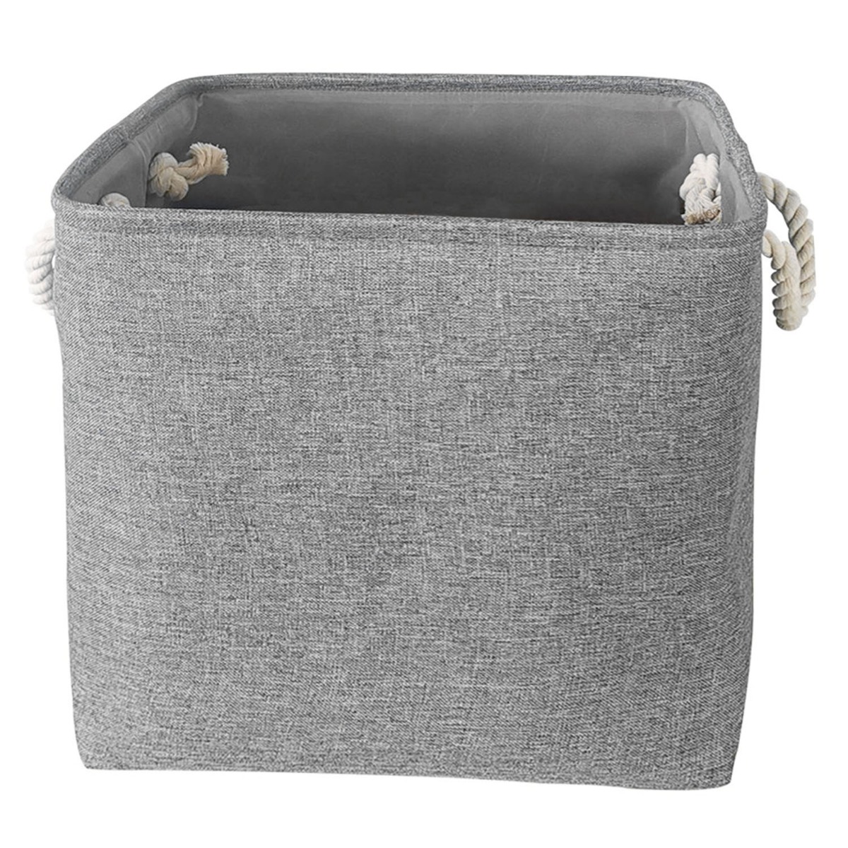 Three grey linen fabric storage cubes stacked, showing rope handles and sturdy metal rod frames on a white background