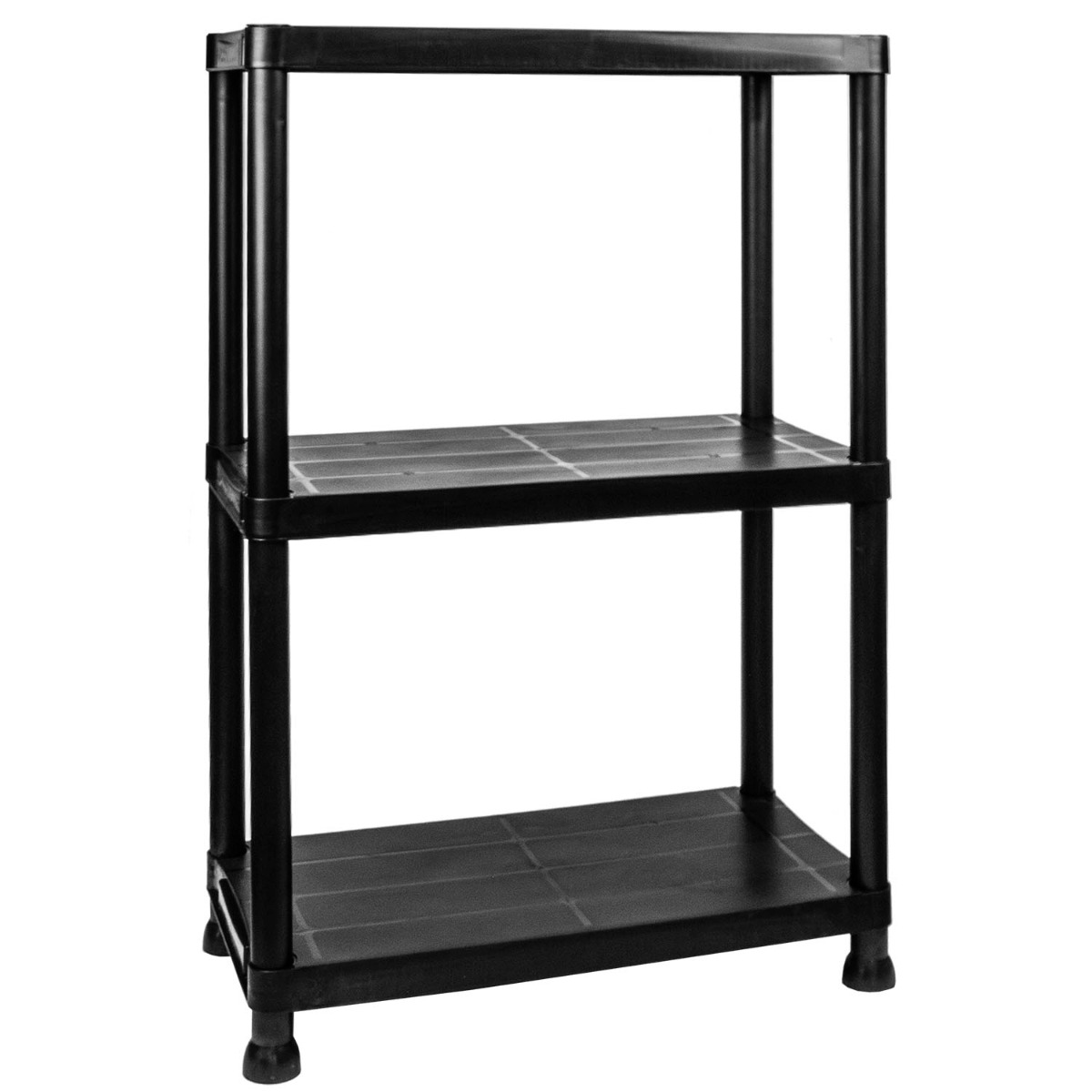 Set of 3 easy assemble shelves with 3 tiers, plastic construction, and 92cm height, ideal for garage or shed storage.