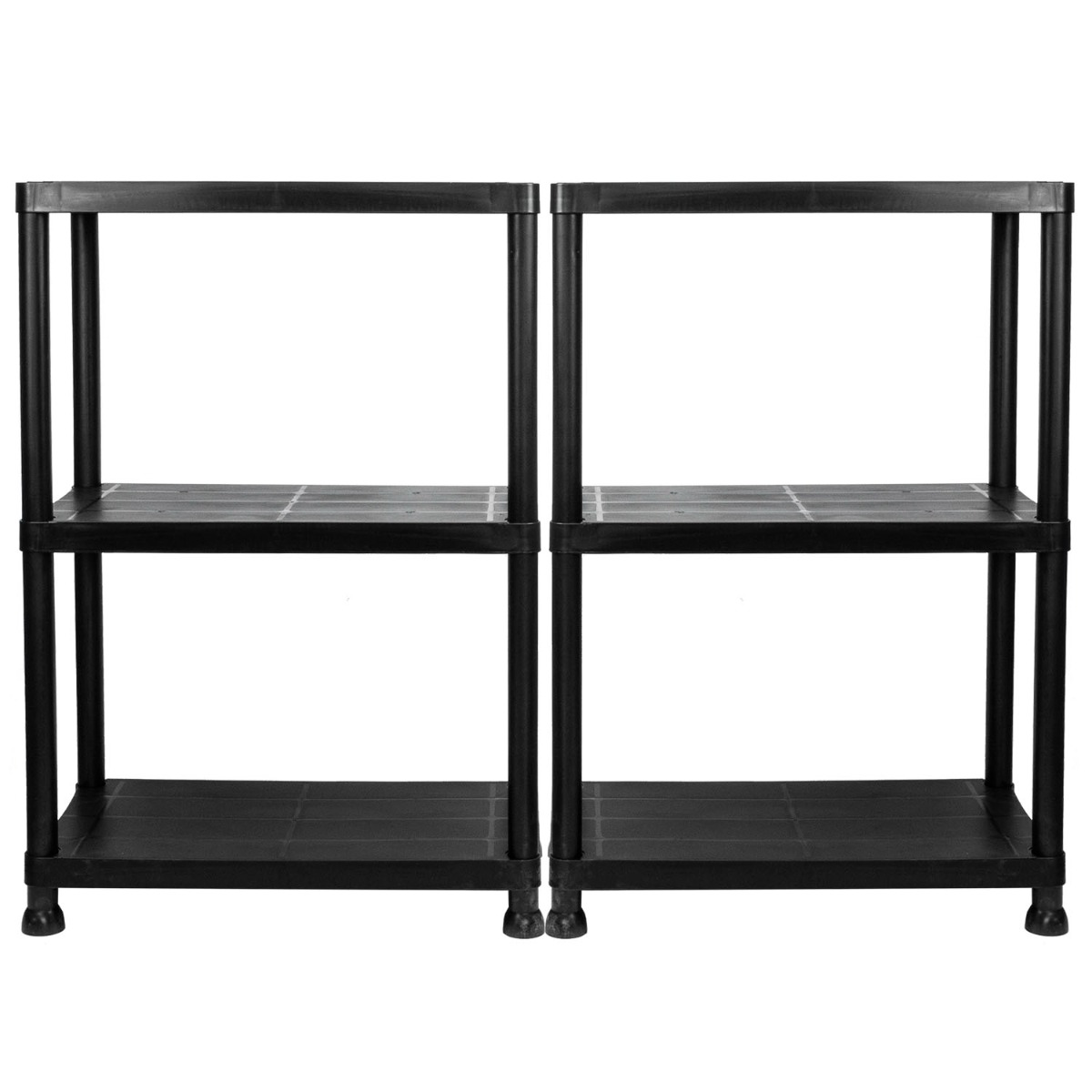 Set of 2 white 3 tier garage shelves made from plastic, showing three levels and sturdy poles for storage organization