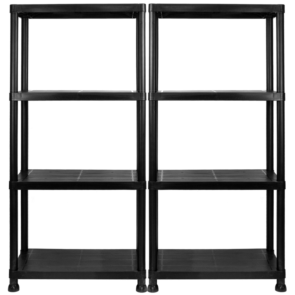 Set of 2 easy-assemble 4 tier garage shelves made of plastic, each with four spacious shelves for storage and organisation