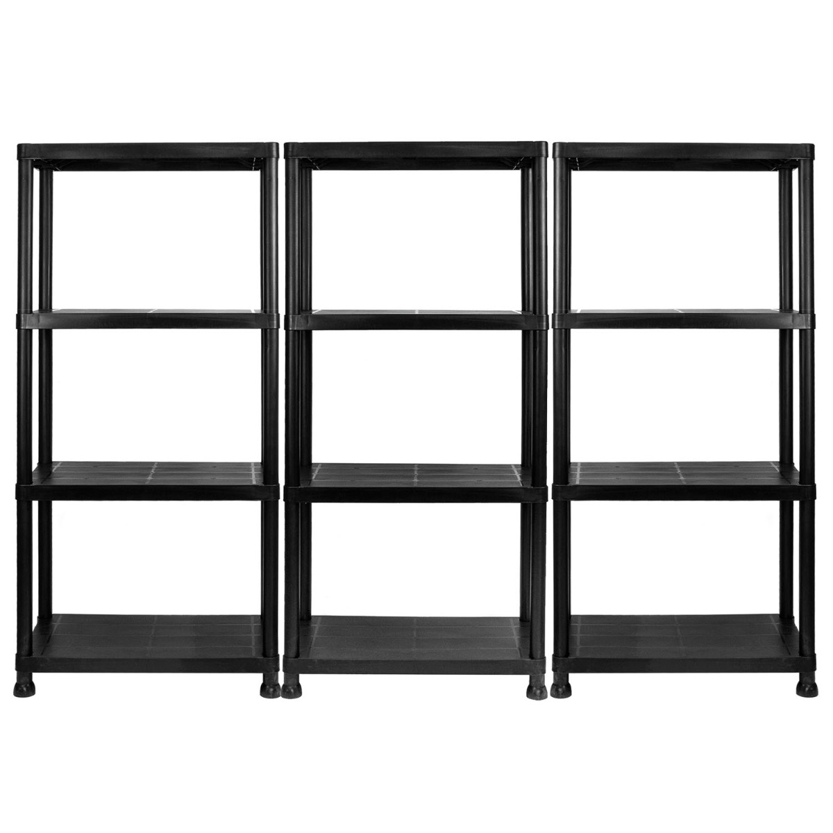 Set of three 4 tier garage shelving units made from easy to clean plastic, assembled without tools, shown empty.