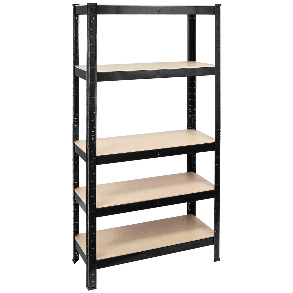 Black heavy duty shelving unit with five adjustable MDF shelves in a garage setting, steel frame, boltless design