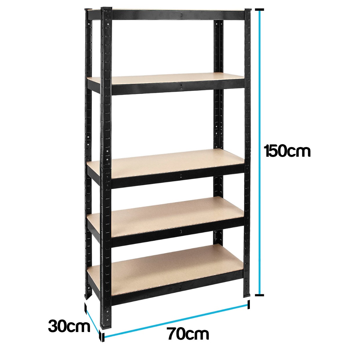 Two boltless heavy duty shelves with five adjustable MDF tiers in a garage setting holding various storage items