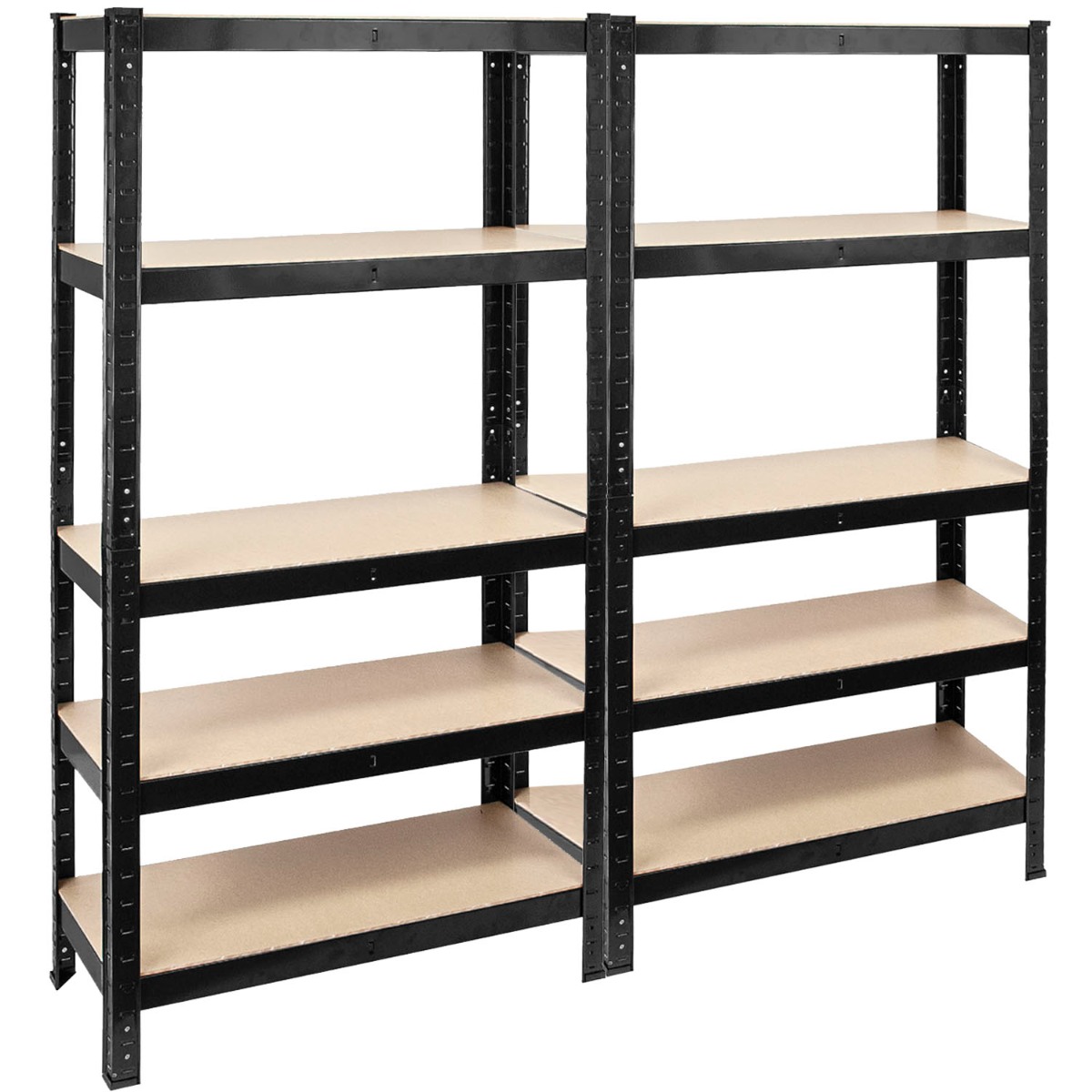Two boltless garage shelving racks with five wooden shelves each, ideal for heavy-duty storage and adjustable heights.