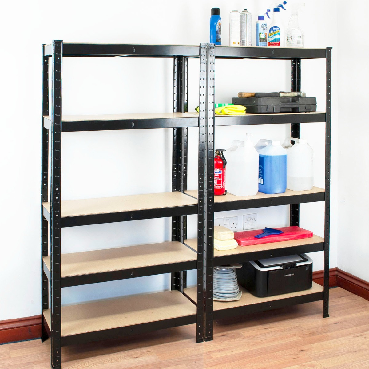 Two adjustable shelving units with five MDF shelves each, made of steel, shown in a garage setting with storage items.