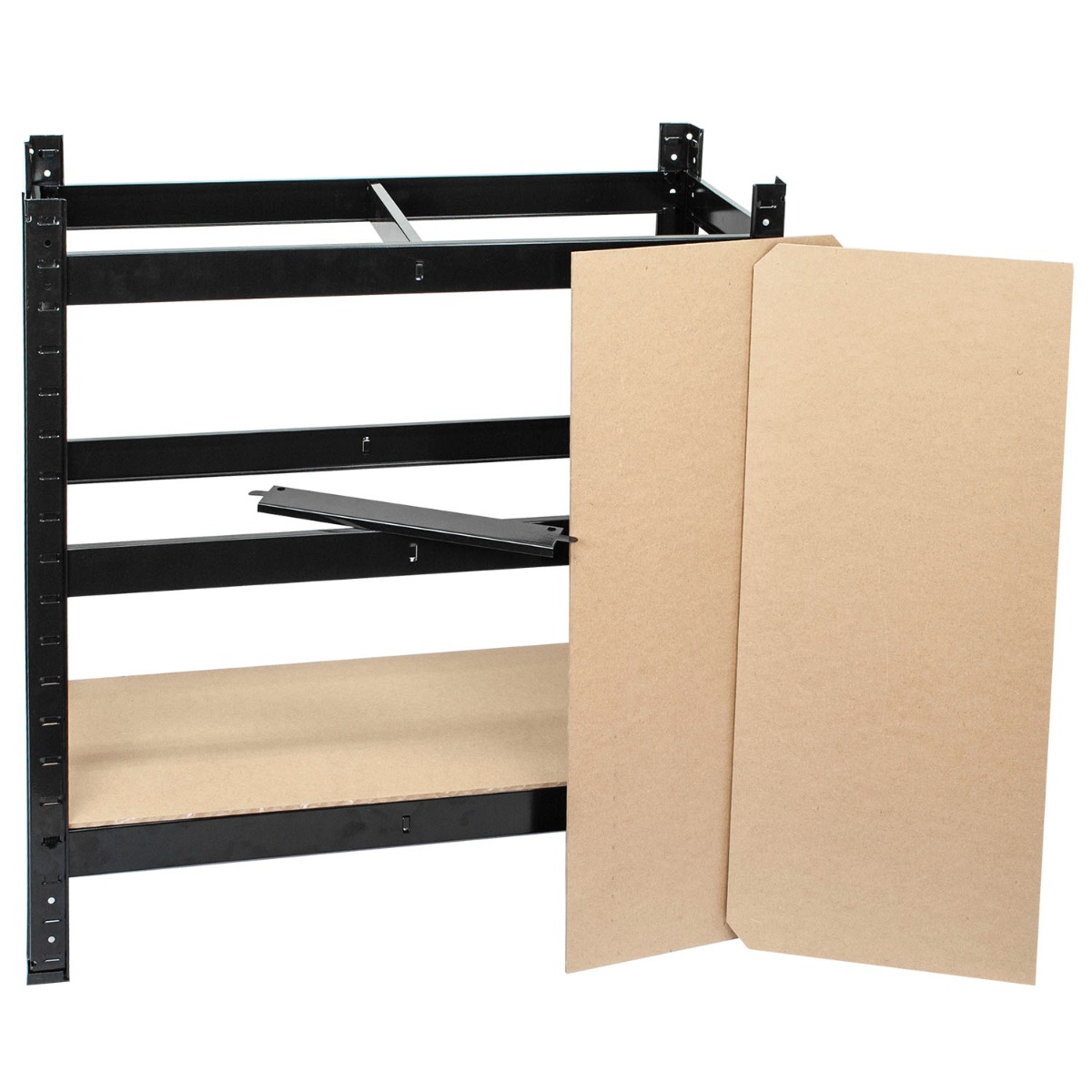 Black boltless steel frame shelving unit with five adjustable MDF shelves in a garage setting