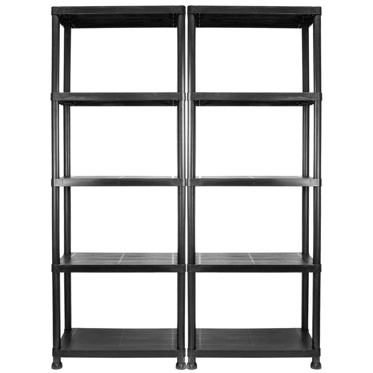Two assembled 5 tier garage shelves made of easy-clean plastic, each with five spacious shelves for storage and organisation