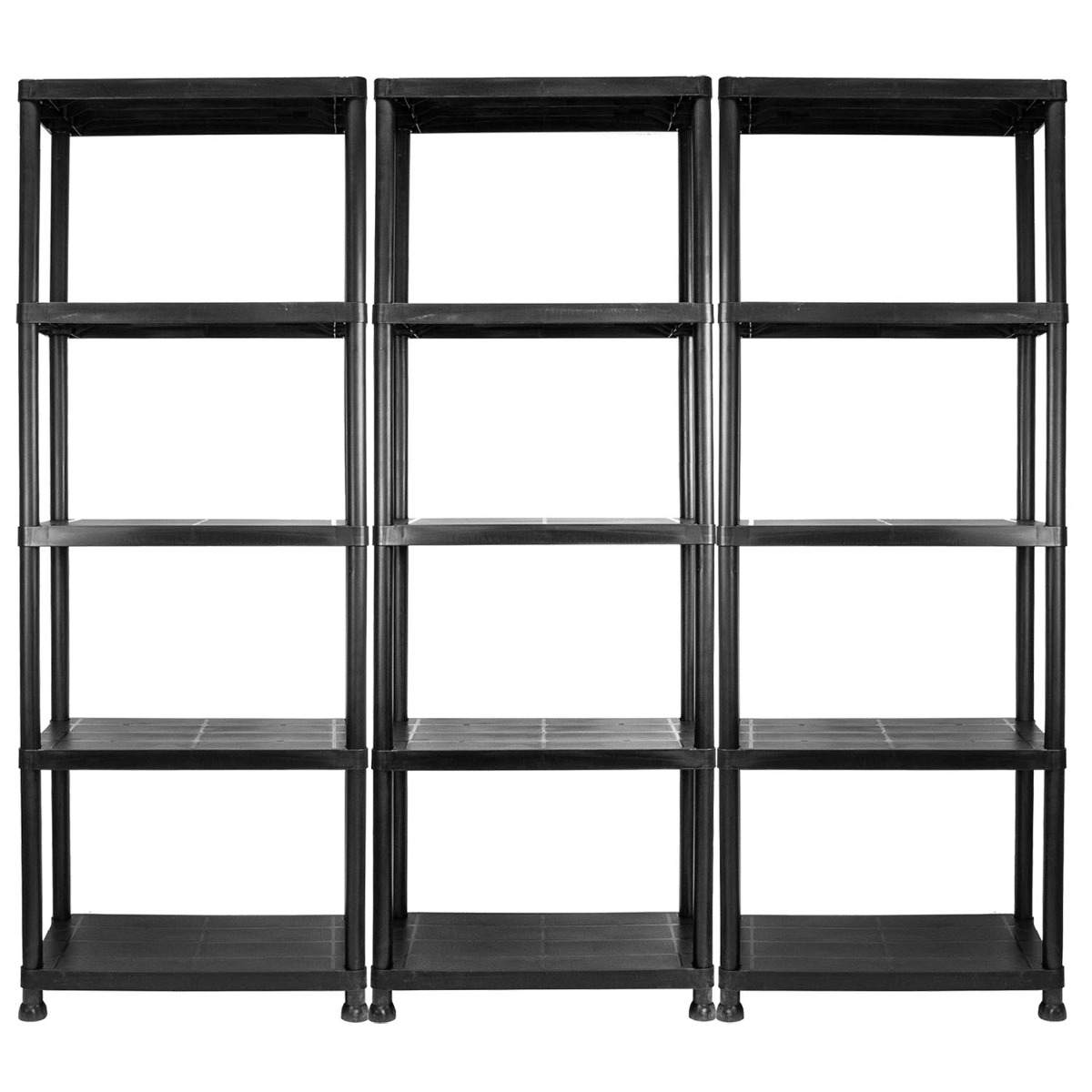 Set of 3 easy-assemble 5 tier garage shelves made from plastic, each with 5 shelves and no tools needed for setup