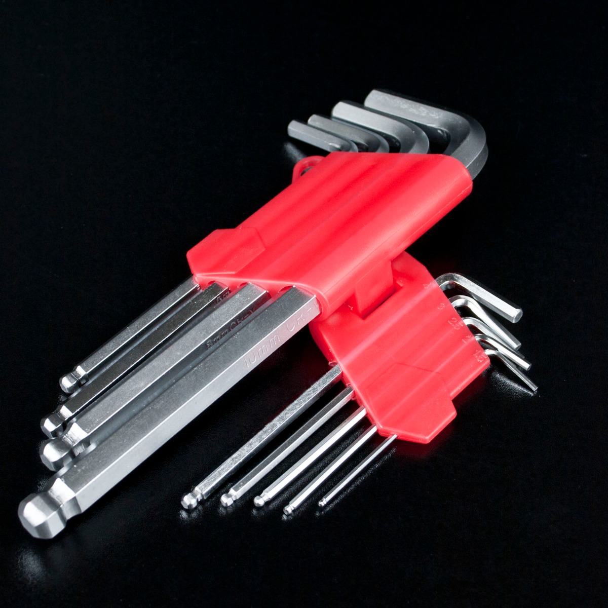 Set of 9 extra long ball end allen keys in various sizes, made of chrome vanadium steel, arranged on a white background