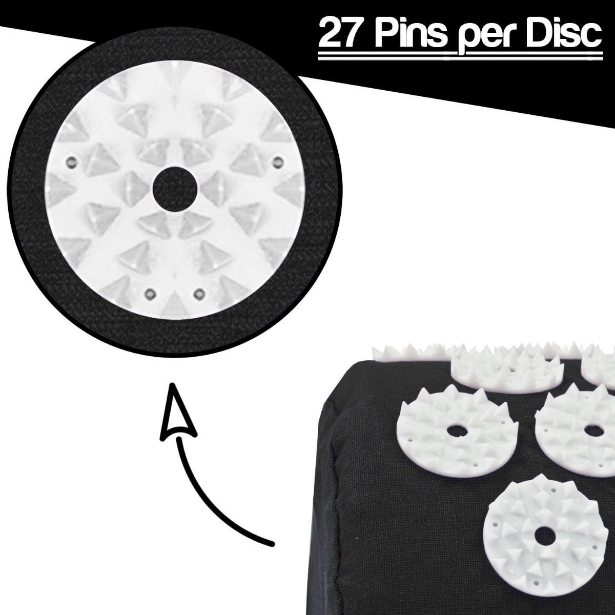 Black pain relief acupressure mat with pillow and massage ball set, designed for muscle relaxation and stress relief