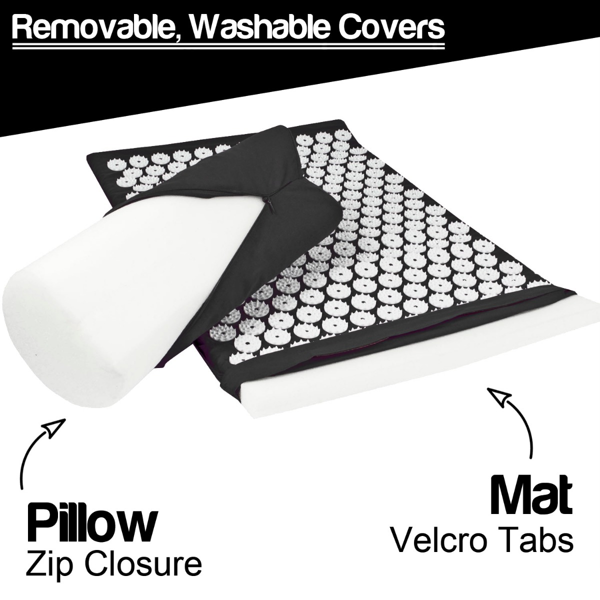 Black acupressure massage set with mat, pillow, and ball arranged on a white background with carrying bag nearby