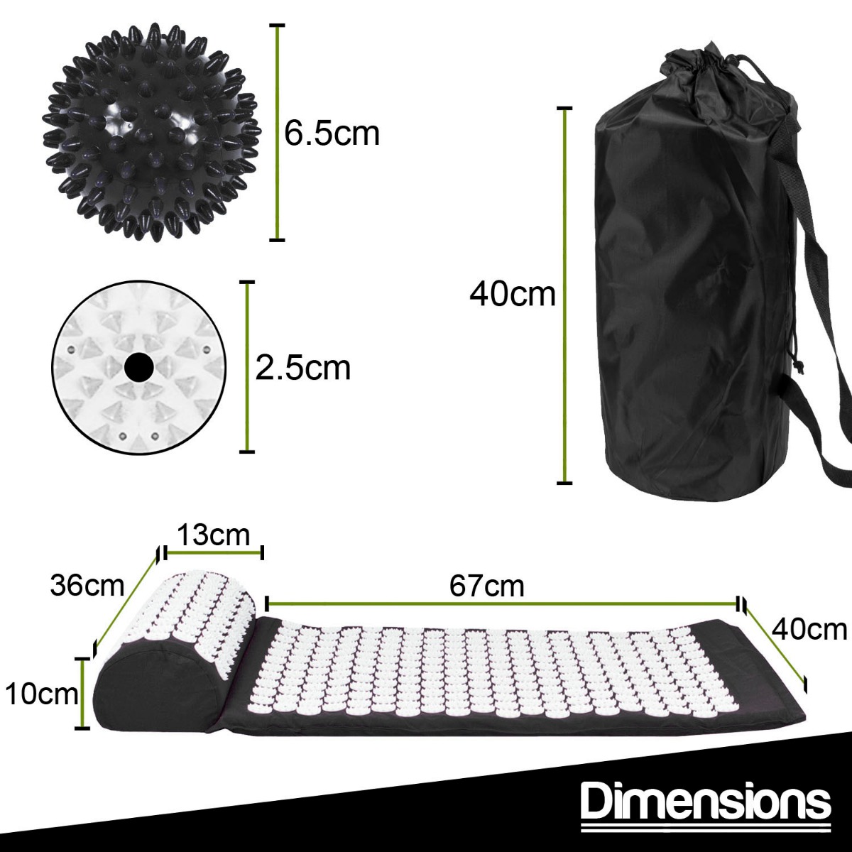 Black portable acupressure mat with matching pillow and massage ball displayed with a travel bag on a white background