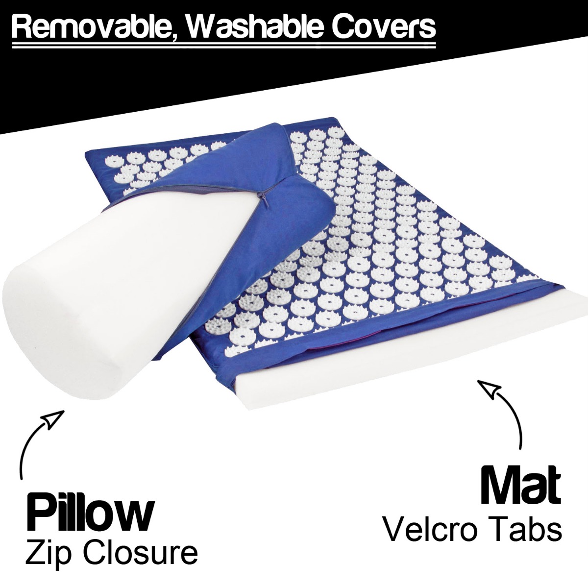 Blue acupressure mat, pillow, and massage ball set designed for stress relief acupressure and muscle relaxation