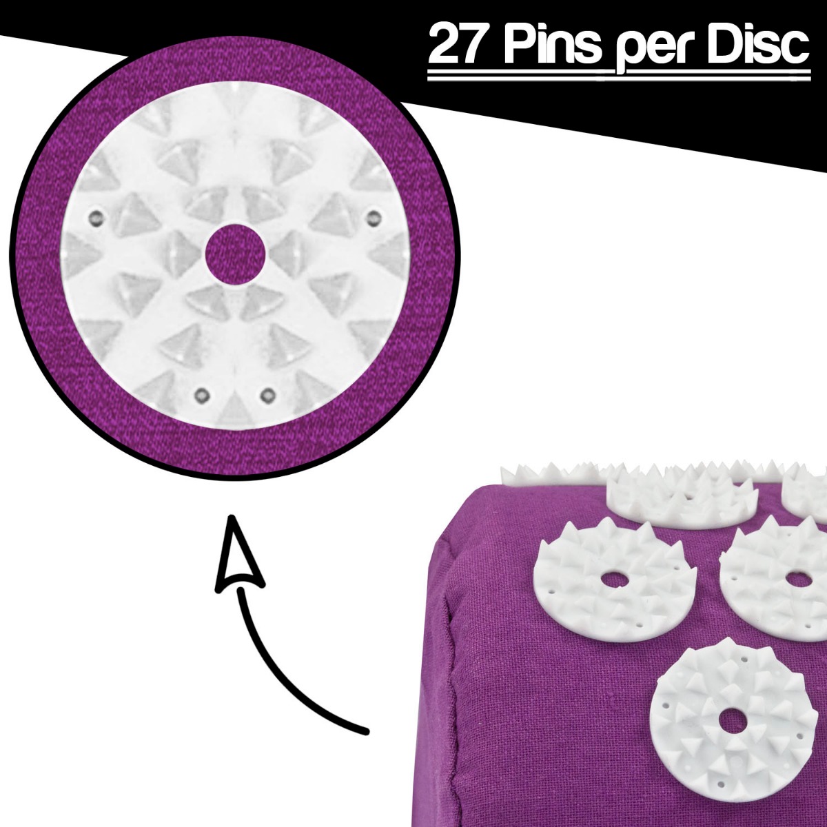 Purple acupressure pain relief mat with pillow and massage ball set on white background with travel bag