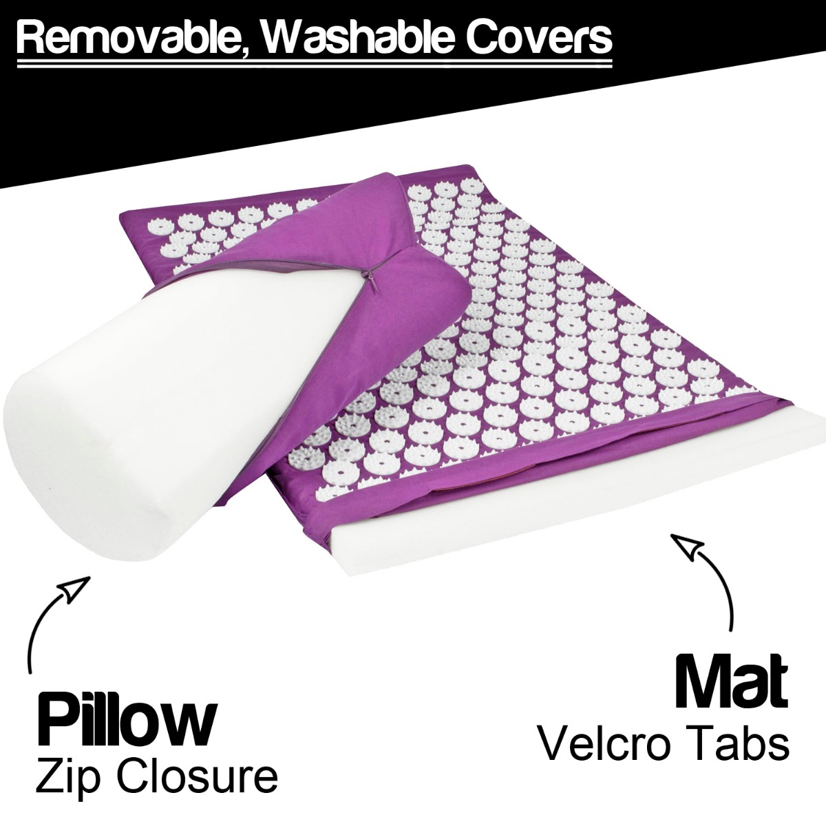 Purple muscle relaxation mat with matching pillow and massage ball set displayed on a white background