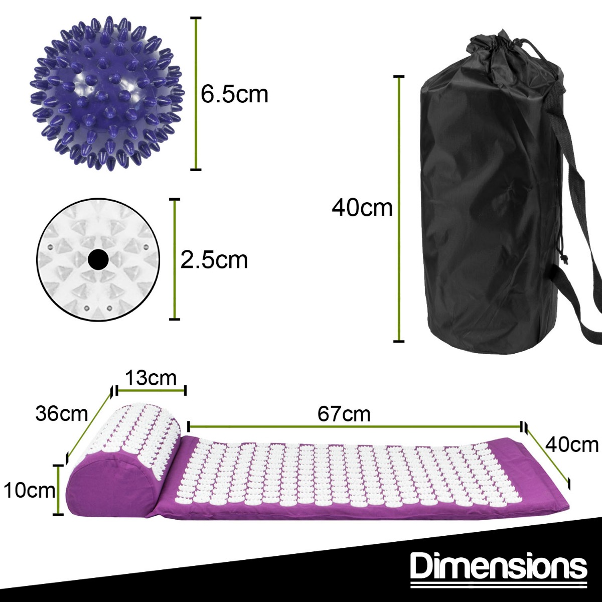 Purple acupressure mat, pillow, and ball set with 303 discs for stress relief acupressure and muscle relaxation