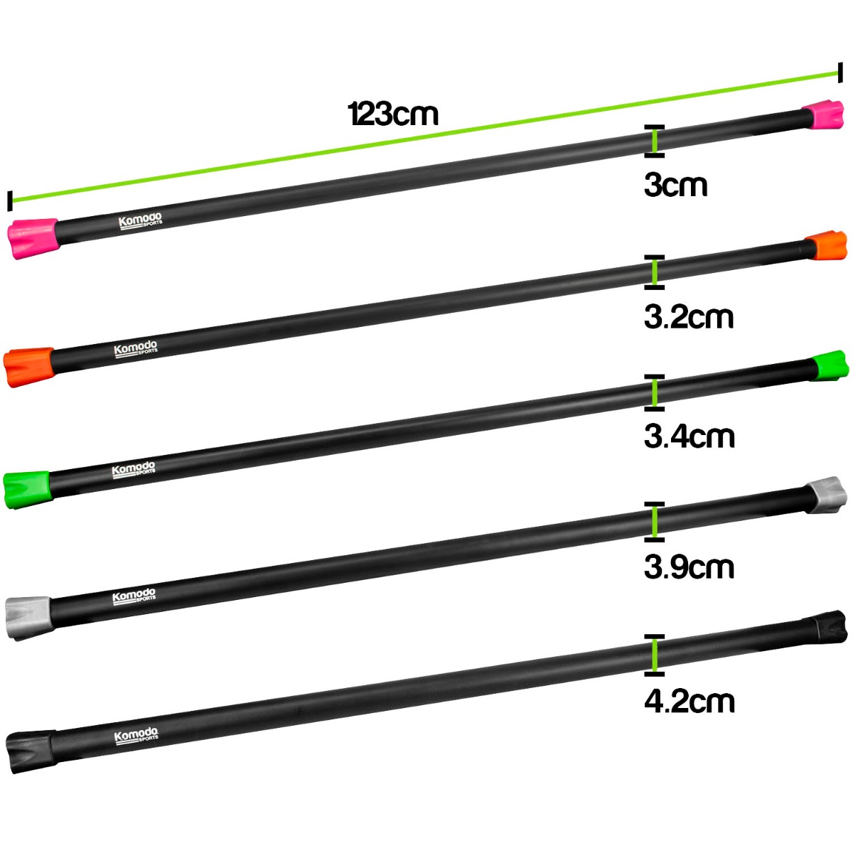 Set of five colour-coded full body workout bars in varying weights with rubberised foam grips laid out horizontally